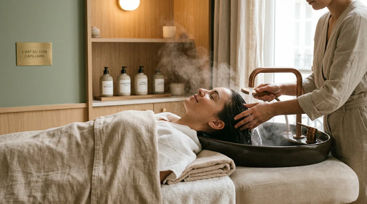 Cliente détendue lors d'un soin head spa sur une table professionnelle dans un salon premium