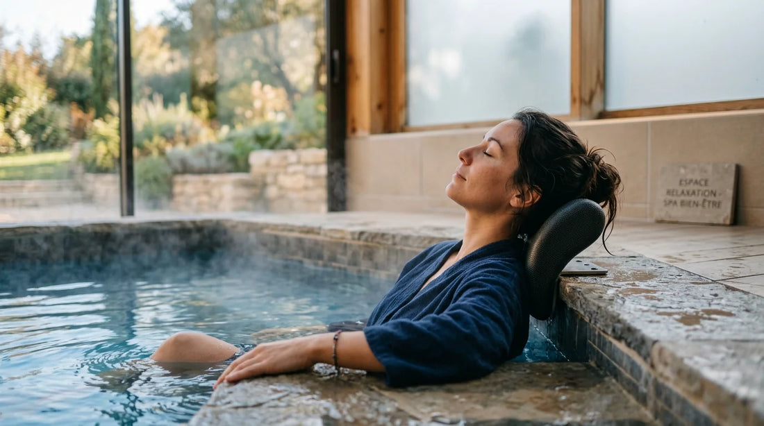 Personne détendue reposant sa tête sur un appui-tête de spa