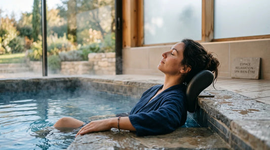 Personne détendue reposant sa tête sur un appui-tête de spa
