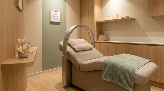 Cabine de head spa professionnelle équipée d'une table et d'une arche d'eau