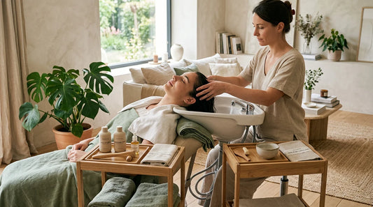 Séance de head spa à domicile dans un intérieur lumineux et apaisant