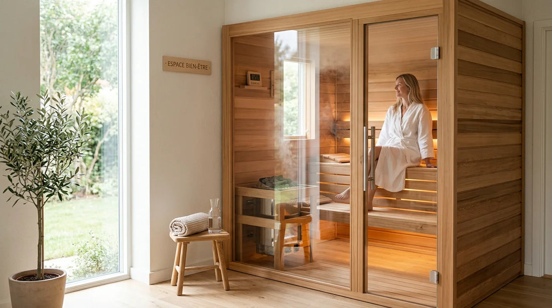 Petit sauna compact en bois dans un espace bien-être moderne et lumineux