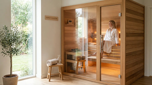 Petit sauna compact en bois dans un espace bien-être moderne et lumineux