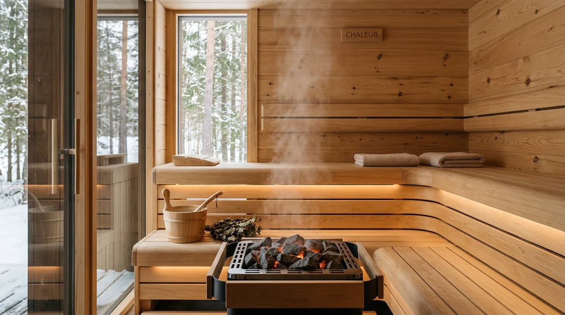 Cabine de sauna électrique moderne en bois avec poêle et pierres chaudes