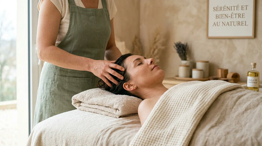 Massage relaxant du cuir chevelu réalisé par une praticienne en institut