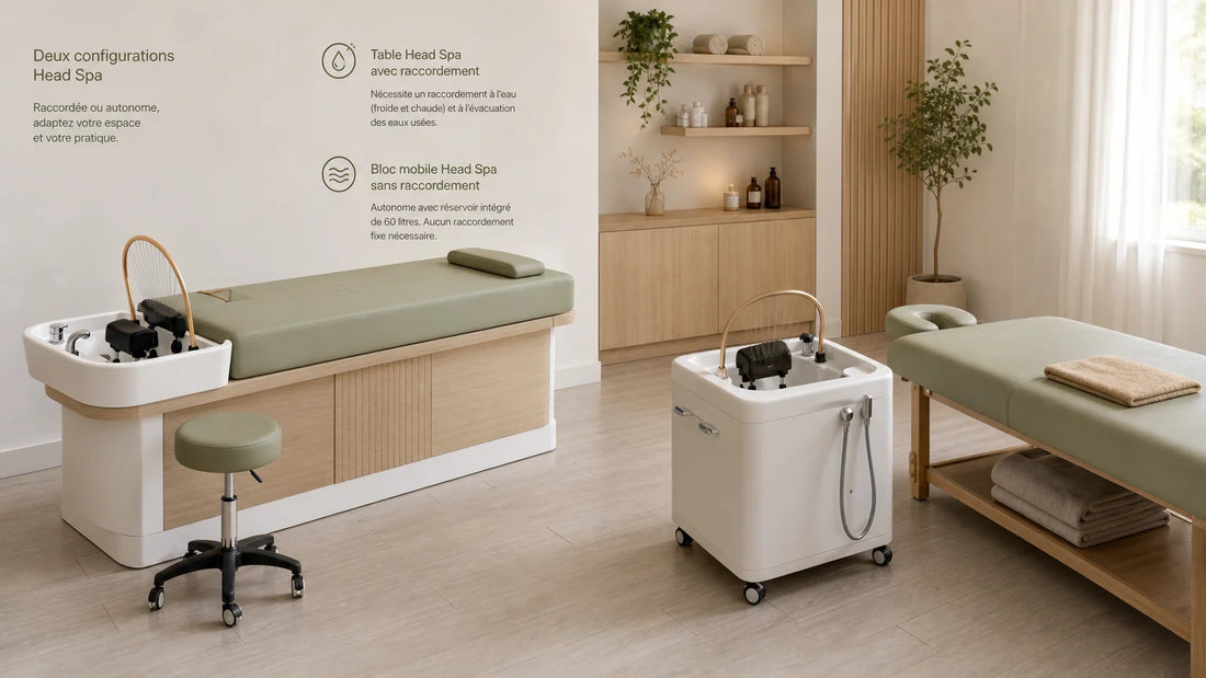 Comparaison entre une table Head Spa fixe et un équipement mobile autonome