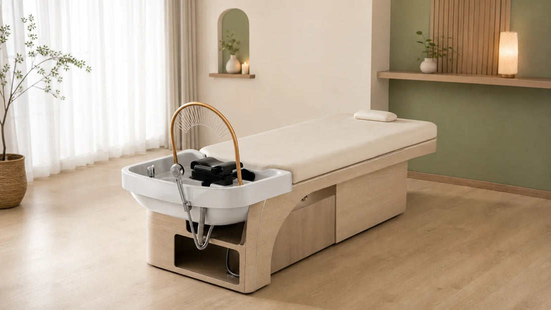 Table Head Spa professionnelle avec lavabo intégré dans une cabine lumineuse