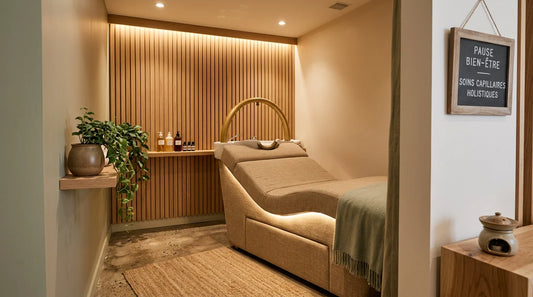 Cabine de head spa aménagée dans un petit espace avec lit de soin ergonomique