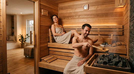 Sauna domestique en bois avec éclairage chaleureux