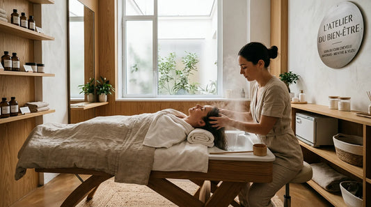 Cabine head spa professionnelle avec cliente allongée sur une table de soin