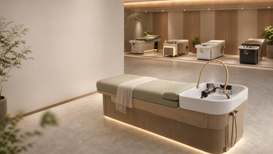 Comparatif de cinq tables Head Spa professionnelles dans une cabine sobre et lumineuse