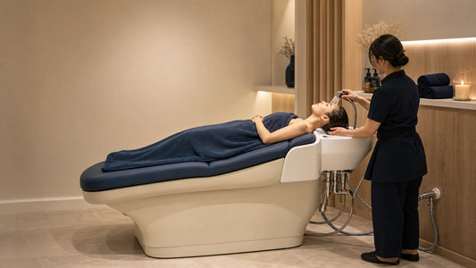 Lit Head Spa professionnel avec raccordement dans une cabine de soins élégante