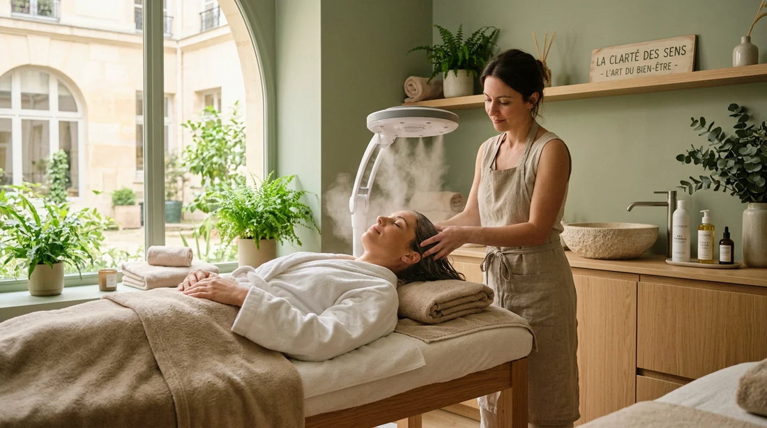Expérience head spa professionnelle avec nano-brumisation dans un salon de bien-être