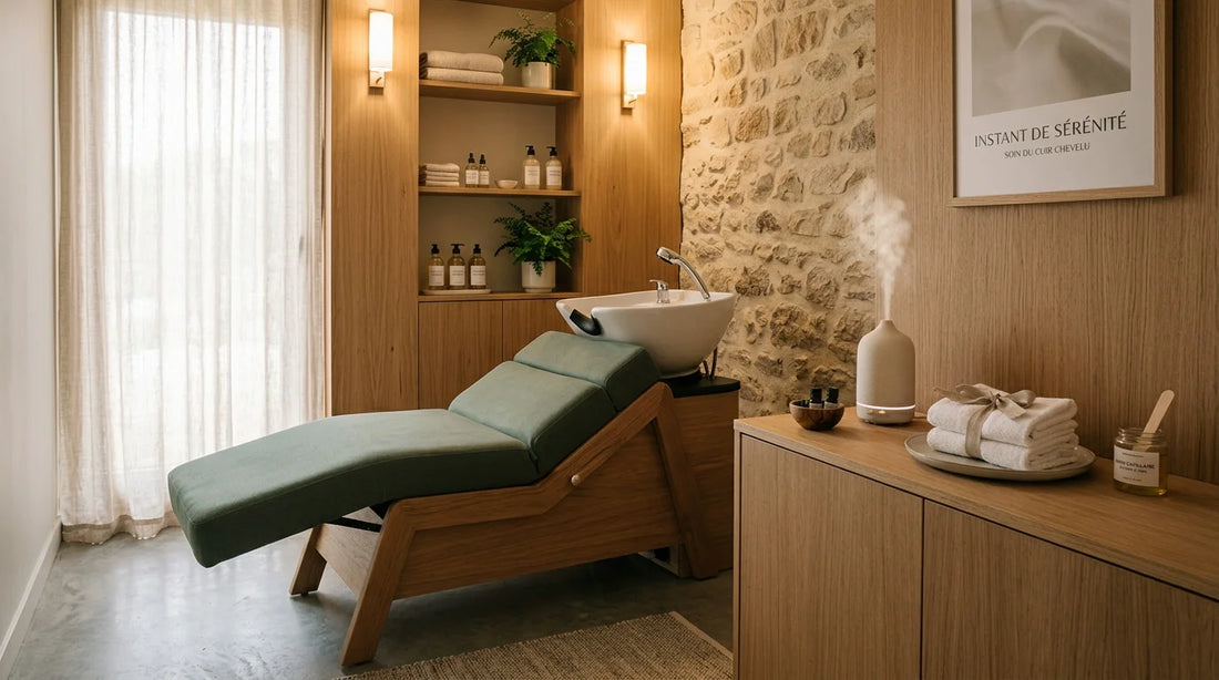 Cabine head spa professionnelle avec table ergonomique dans une ambiance de bien-être