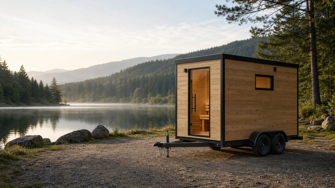 Sauna sur roues installé dans un paysage naturel