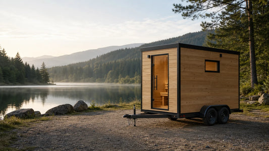 Sauna sur roues installé dans un paysage naturel