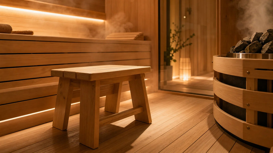 Tabouret en bois massif au premier plan dans un sauna finlandais lumineux