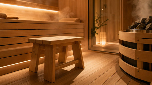 Tabouret en bois massif au premier plan dans un sauna finlandais lumineux