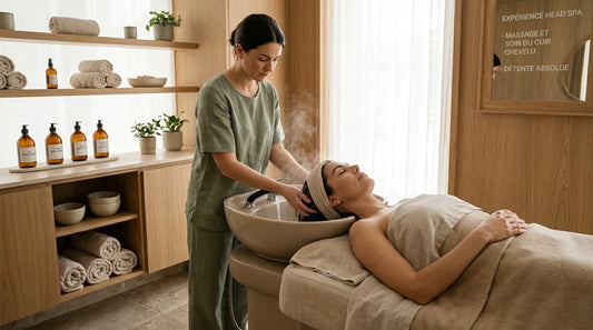 Prestation de head spa professionnelle sur une table premium dans un salon moderne