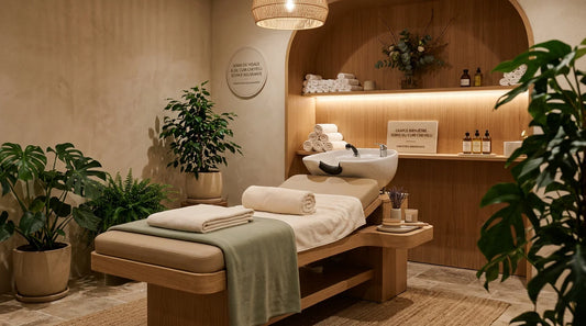 Espace head spa premium avec table ergonomique dans un salon de bien-être lumineux
