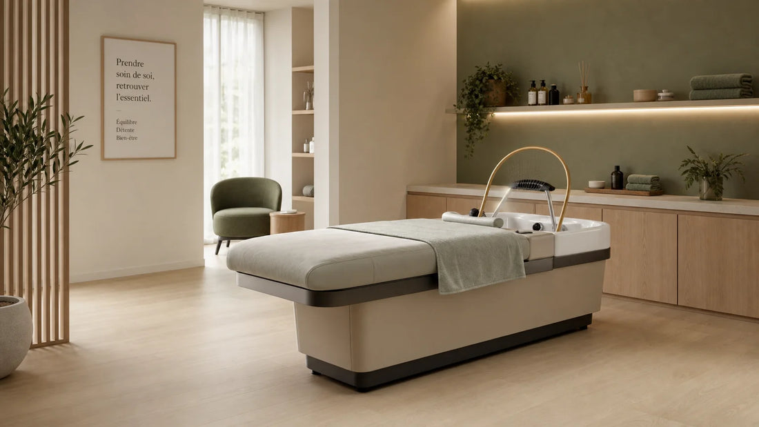 Cabine d’institut équipée d’une table Head Spa professionnelle