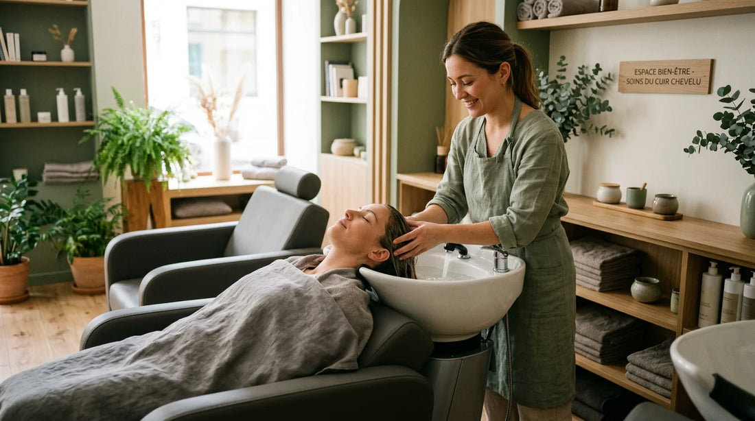 Praticienne réalisant un soin Head Spa japonais avec un bac mobile