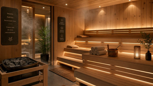 Intérieur de sauna professionnel avec bancs en bois clair