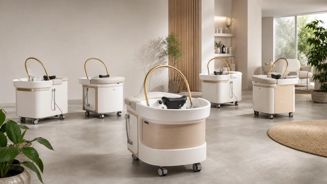 Comparatif de cinq blocs mobiles Head Spa professionnels dans un espace de salon lumineux