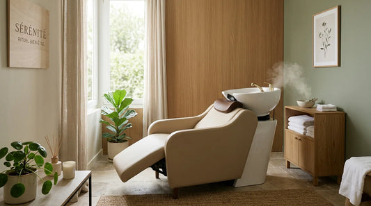 Salle de head spa propre et apaisante avec fauteuil et bac de soin