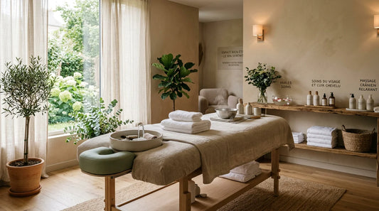Cabine de head spa professionnelle aménagée dans une ambiance apaisante