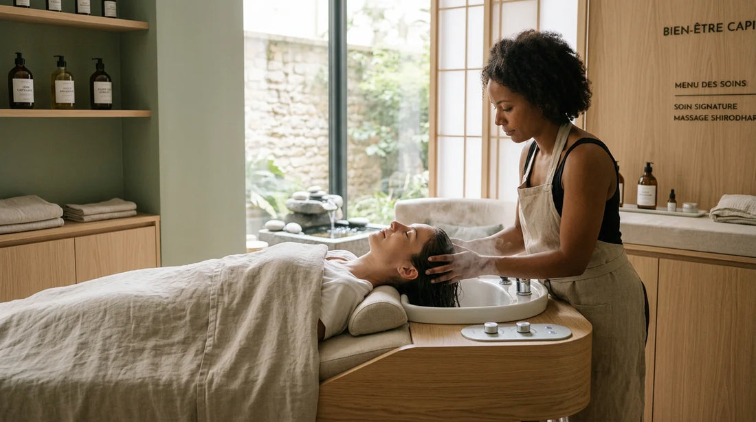 Soin de head spa japonais réalisé sur une cliente en cabine bien-être
