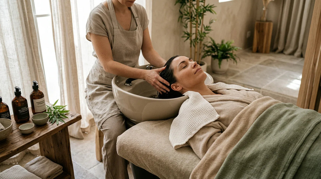 Cliente allongée recevant un soin de head spa dans un salon professionnel