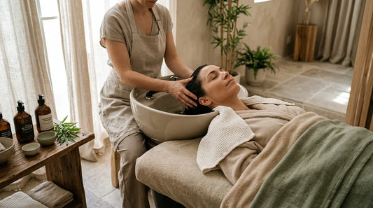 Cliente allongée recevant un soin de head spa dans un salon professionnel