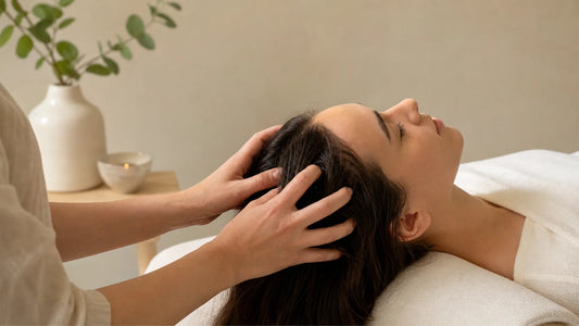 Personne recevant un massage crânien dans un espace de bien-être