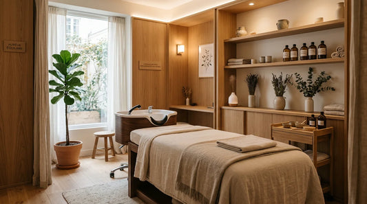 Studio head spa professionnel moderne d'inspiration japonaise avec table de soin